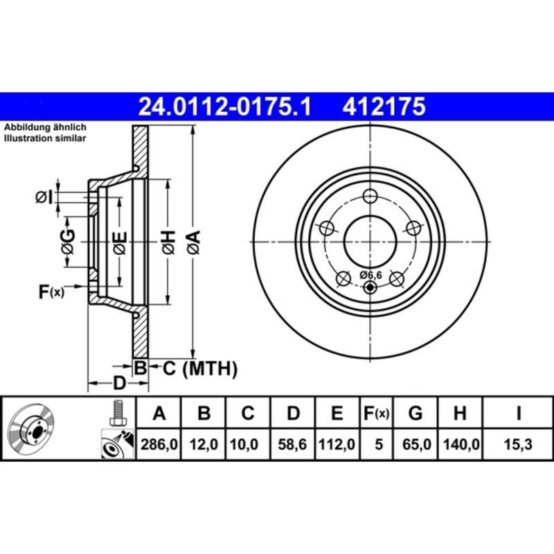 ATE 412175 ATE Original Rear Disc Brake Rotor 412175 for Audi