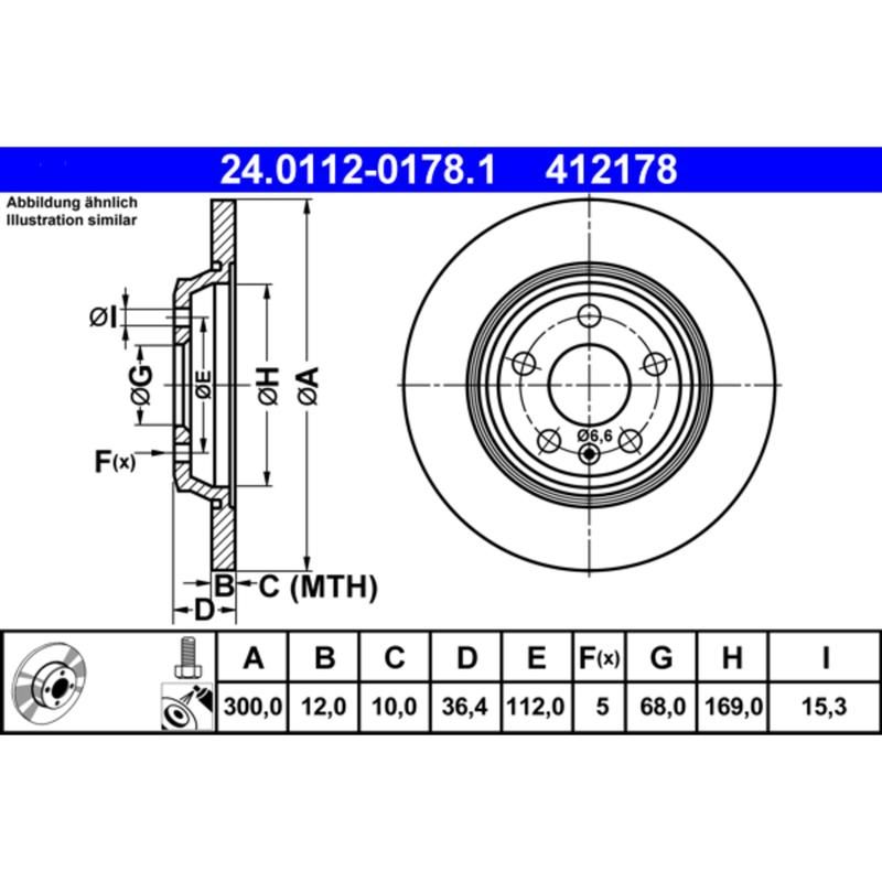 ATE 412178 ATE Original Rear Disc Brake Rotor 412178 for Audi
