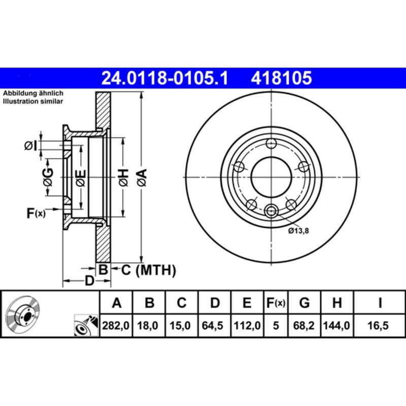 ATE 418105 ATE Original Front  Disc Brake Rotor 418105 for Volkswagen