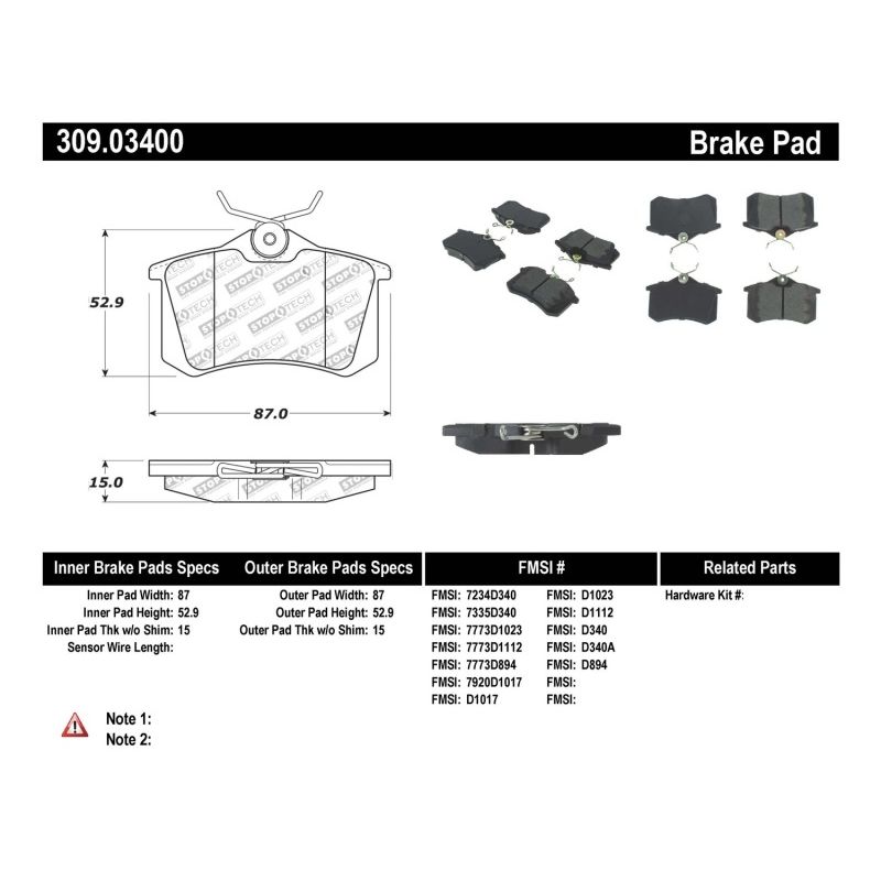 Stoptech 309.03400 02-08 Audi A4 Quattro / 2/99-02 Audi S4 / 93-10 VW Golf GL/GLS Performance Rear Brake Pads