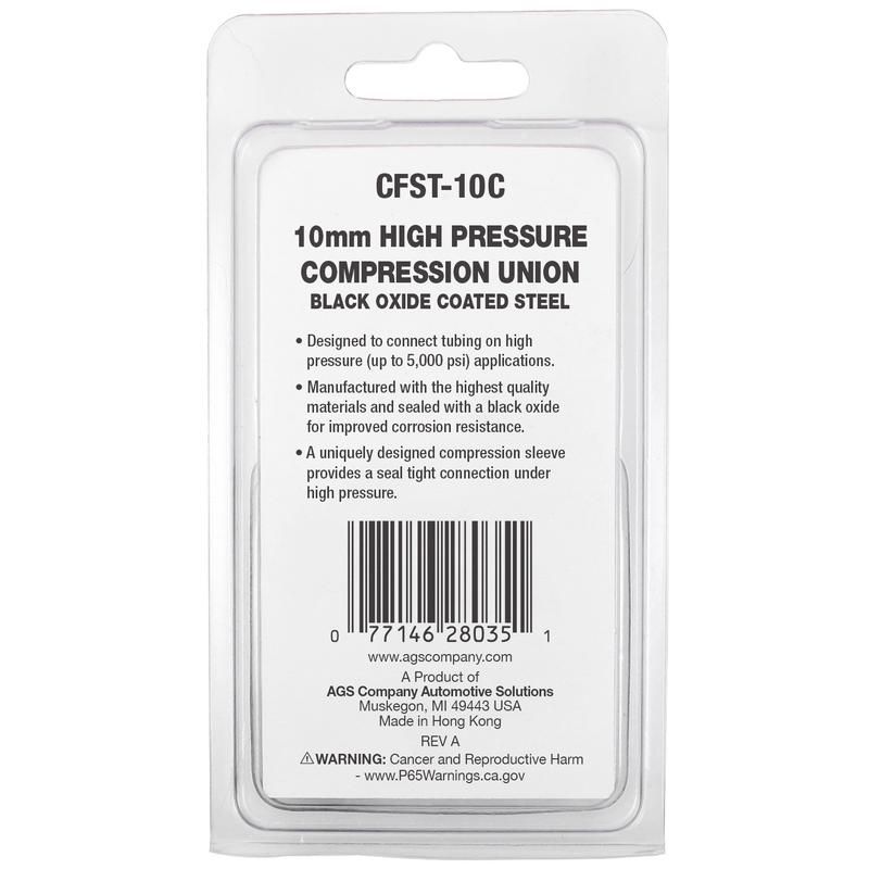 AGS CFST-10C Black Oxide Coated Steel, High Pressure, Compression Union, 10MM, Card
