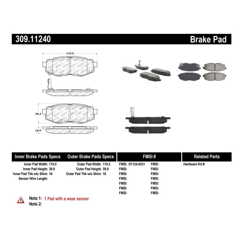 Stoptech 309.11240 Performance 06-10 Subaru Legacy Sedan/Outback/13 BRZ / 13 Scion FR-S Rear Brake Pads