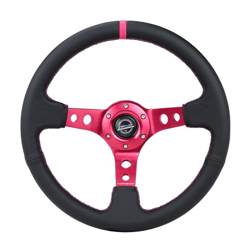 NRG RST-006FH Reinforced Steering Wheel (350mm/3in. Deep) Black Leather/ Fushia Center Mark/ Fushia Stitching