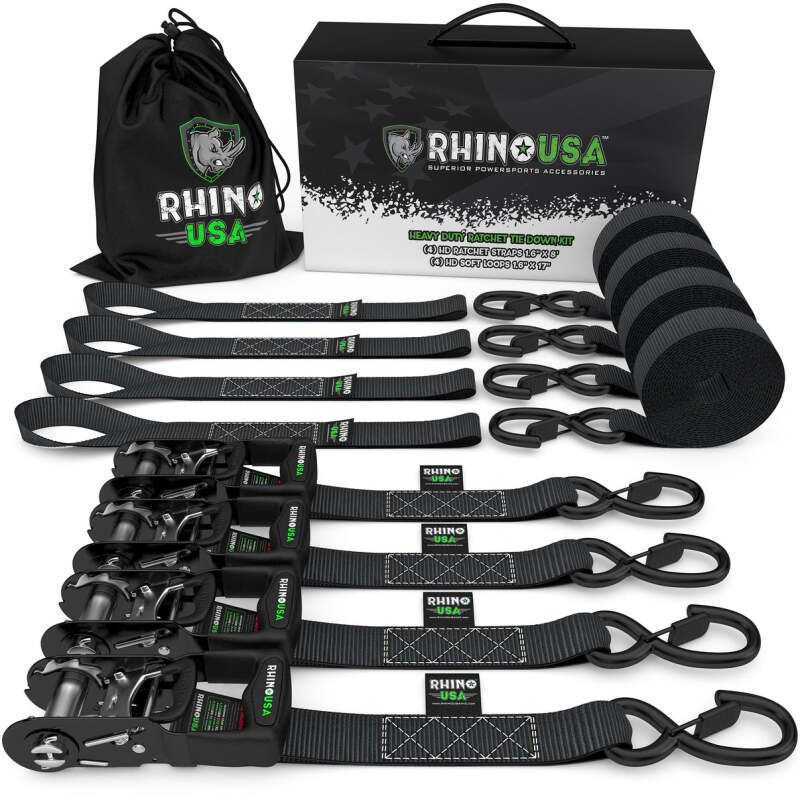 Rhino USA HD-RATCHETKIT-4PK Heavy Duty Ratchet Tie-Down 4-Pack (Black) 1.6In X 8Ft