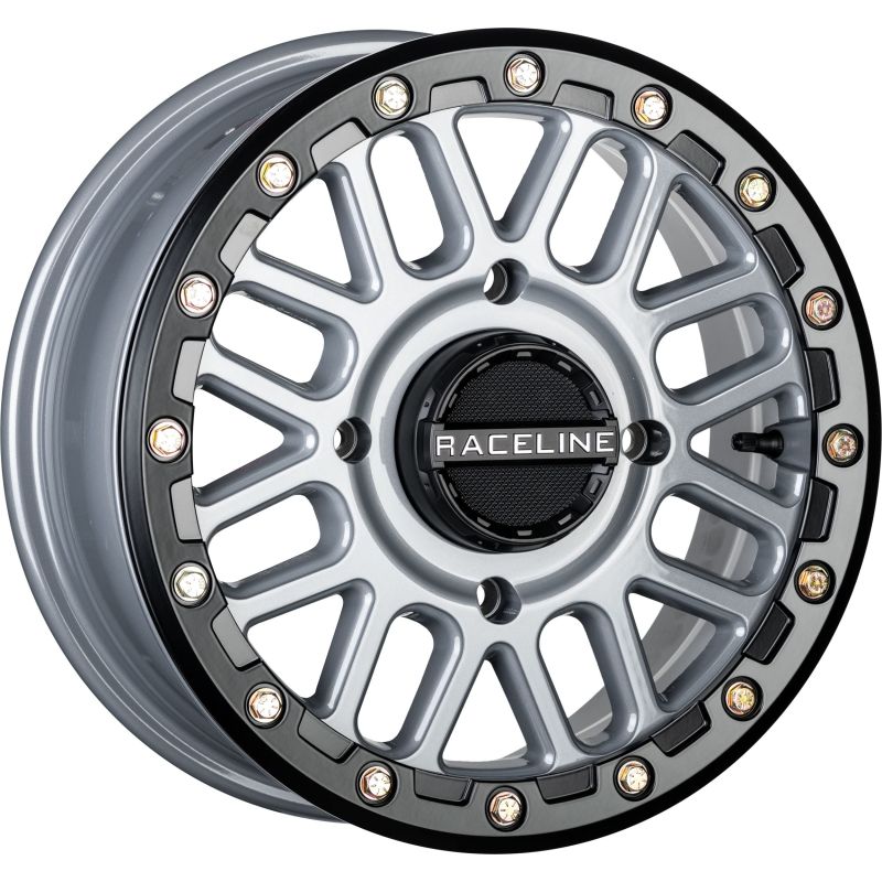 Raceline A93SG Podium 14x7in/4x137 BP/10mm Offset/110.18mm Bore - Grey & Black Ring Beadlock Wheel