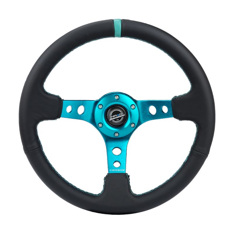 NRG RST-006TL Reinforce Steering Wheel (350mm / 3in. Deep) Blk Leather, Teal Center Mark w/ Teal Stitching