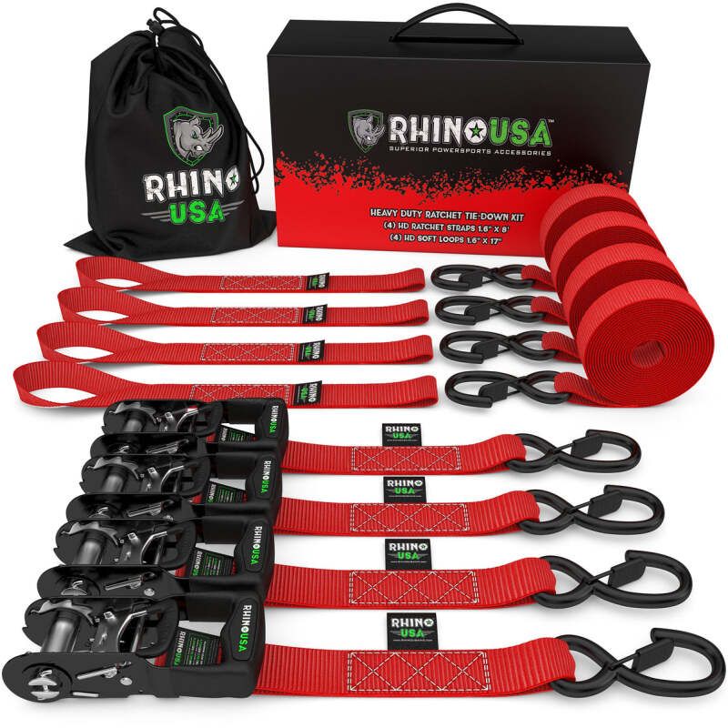 Rhino USA HDKIT-4PK-RED Heavy Duty Ratchet Tie-Down 4-Pack (Red) 1.6In X 8Ft