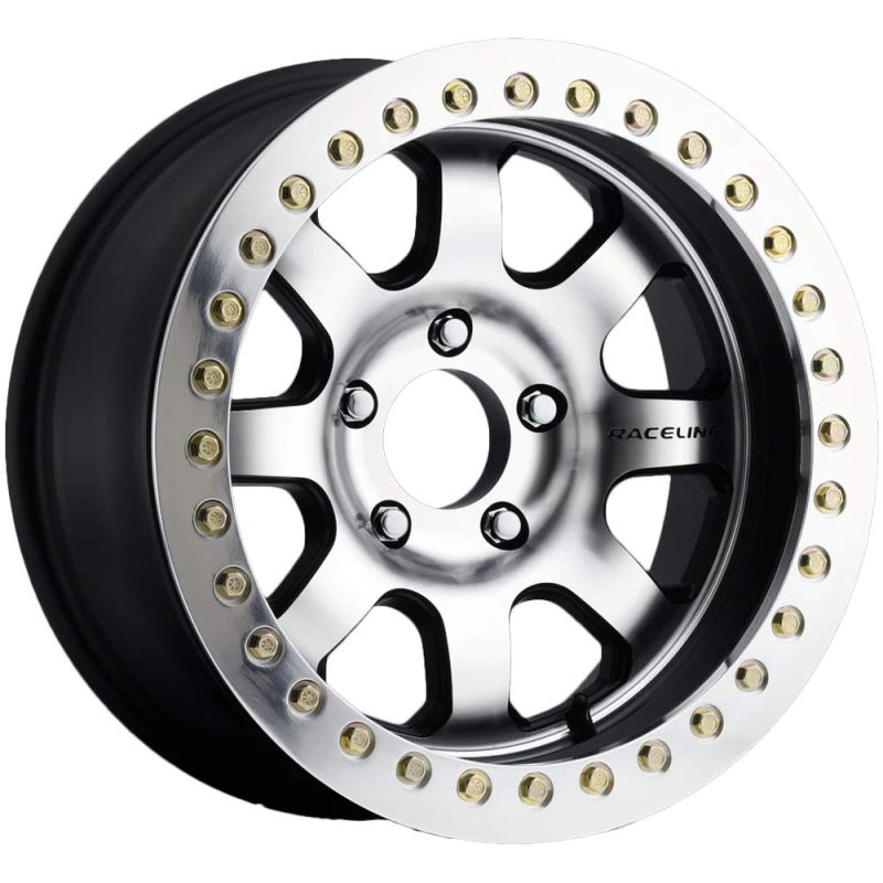 Raceline RT260 Avenger 17x8.5in/5x127 BP/-25mm Offset/83.82mm Bore - Black & Machined Beadlock Wheel