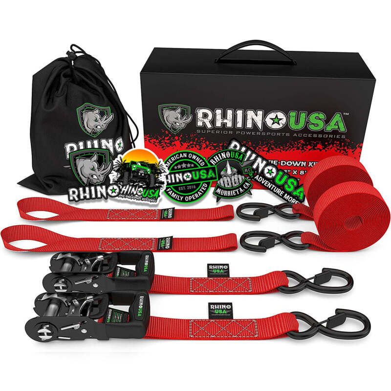 Rhino USA HDKIT-2PK-RED Heavy Duty Ratchet Tie-Downs 2-Pack (Red) 1.6In X 8Ft