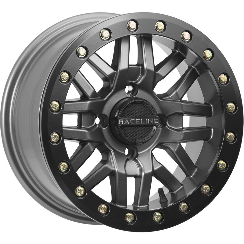 Raceline A91G Ryno 14x7in/4x137 BP/10mm Offset/110.18mm Bore - Gunmetal & Black Ring Beadlock Wheel