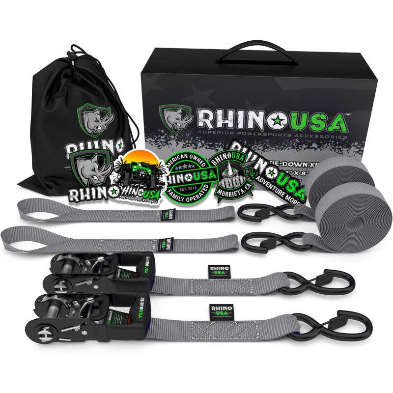 Rhino USA HDKIT-2PK-GRY Heavy Duty Ratchet Tie-Downs 2-Pack (Gray) 1.6In X 8Ft