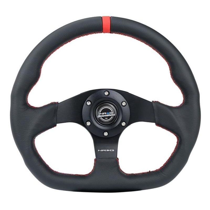 NRG RST-024MB-R-RD Reinforced Steering Wheel (320mm) Sport Leather Flat Bottom w/ Red Center Mark/ Red Stitching
