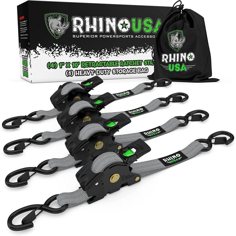 Rhino USA TD-RSRE1X10-GRY Retractable Ratchet Straps (4Pk 1Inx10Ft) (Gray)