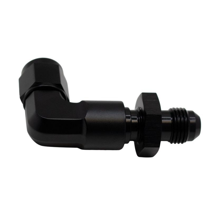 DeatschWerks 6-02-0727-B 6AN Female Flare Swivel to 6AN Male Flare 90-Degree Bulkhead - Anodized Matte Black