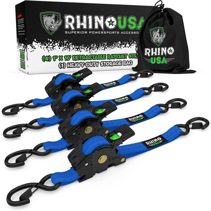 Rhino USA TD-RSRE1X10-BLU Retractable Ratchet Straps (4Pk 1Inx10Ft) (Blue)