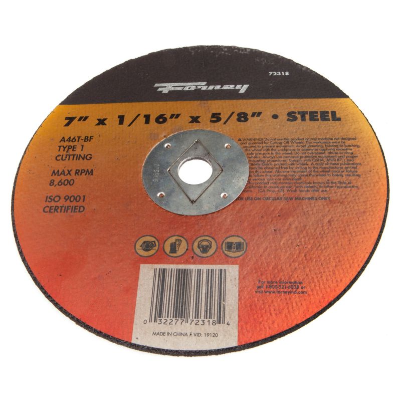 Forney 72318 Cut-Off Wheel, Type 1 Metal with 5/8-Inch Arbor, A46T-BF, 7-Inch-by-1/16-Inch
