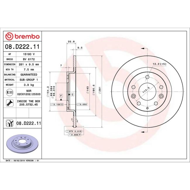 Brembo 08.D222.11 Brembo UV Coated Solid Brake Rotor