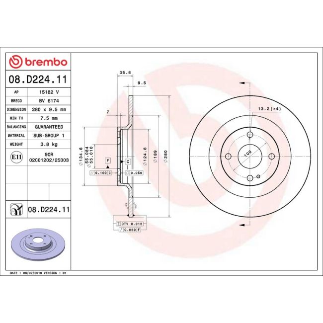 Brembo 08.D224.11 Brembo UV Coated Solid Brake Rotor