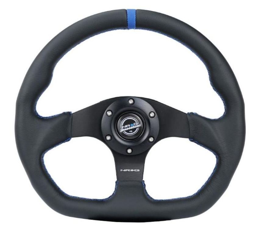 NRG RST-024MB-R-BL Reinforced Steering Wheel (320mm) Sport Leather Flat Bottom w/ Blue Center/ Blue Stitching