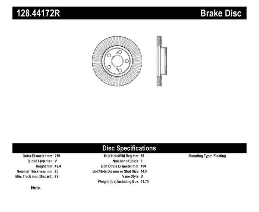 Stoptech 128.44172R Sport Cross Drilled Brake Rotor - Rear Left