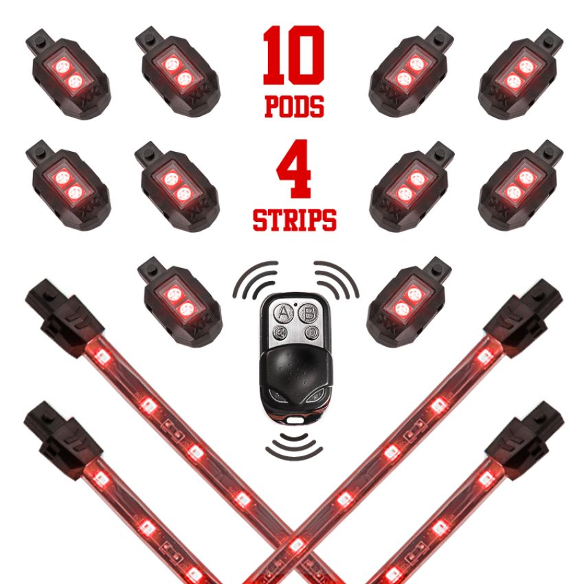 XKGLOW XK034002-R XK Glow Single Color  LED Accent Light Motorcycle Kit Red - 10xPod + 4x8InStrips