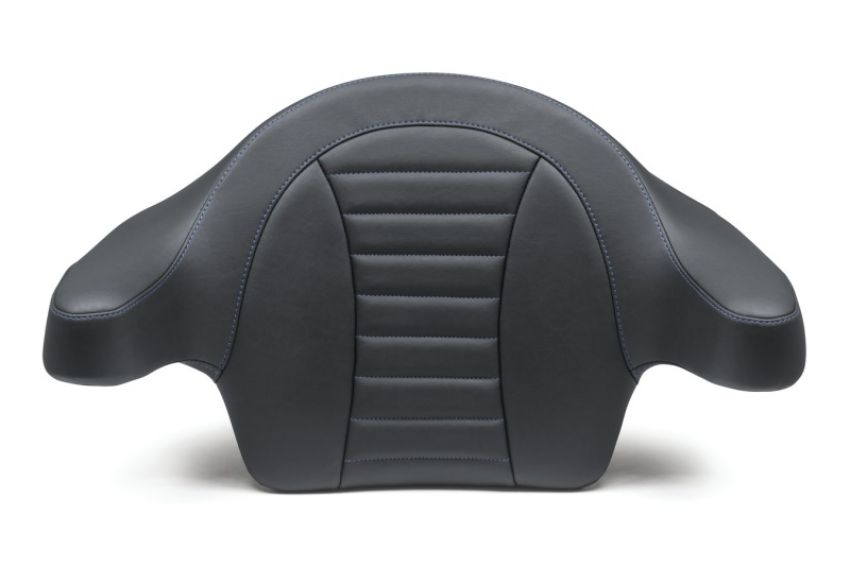 Mustang Motorcycle 79014SB Mustang 93-13 HD FL Touring Extended Arm Wrap-Around Backrest Deluxe - Black w/Blue Stitching