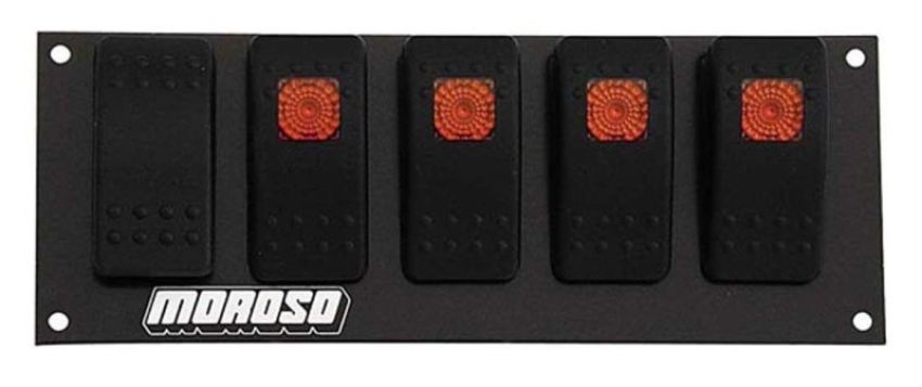 Moroso 74186 Rocker Switch Panel - Flat Surface Mount - LED - 2.488in x 6.695in - Five On/Off Switches