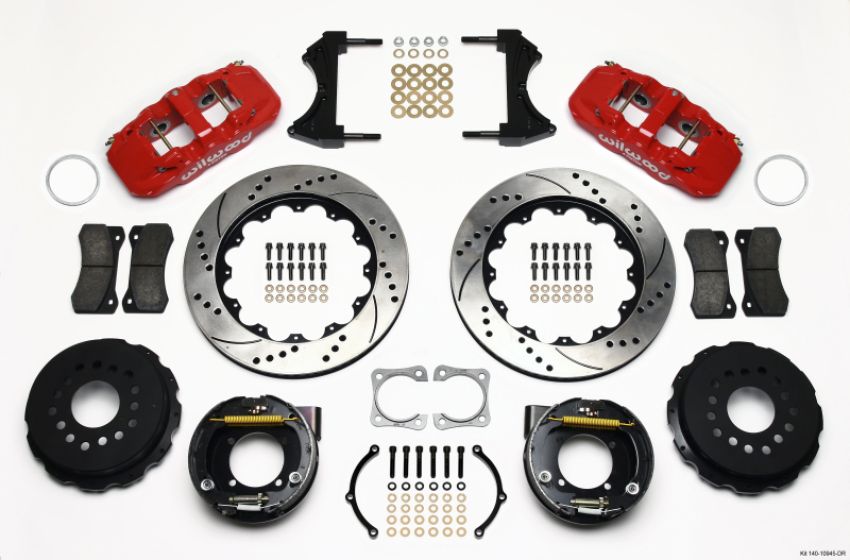 Wilwood 140-10945-DR AERO4 Rear P-Brake Kit 14.00in Drilled Red Chevy 12 Bolt-Spec 3.15in Brng