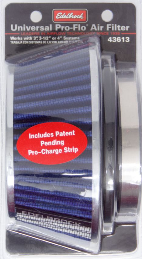 EDELBROCK EDE43613 Pro-Flo Air Filter Cone 3.70 Tall Blue/Chrome