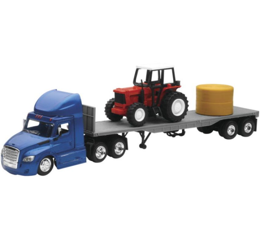 New Ray Toys 16083 Freightliner Cascadia Flatbed with Farm Tractor and Round Hay Bale/ Scale - 1:43