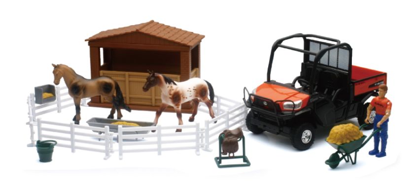 New Ray Toys SS-33343 Kubota RTV-X1120D Playset with Figurine, Barn and Horses/ Scale - 1:18