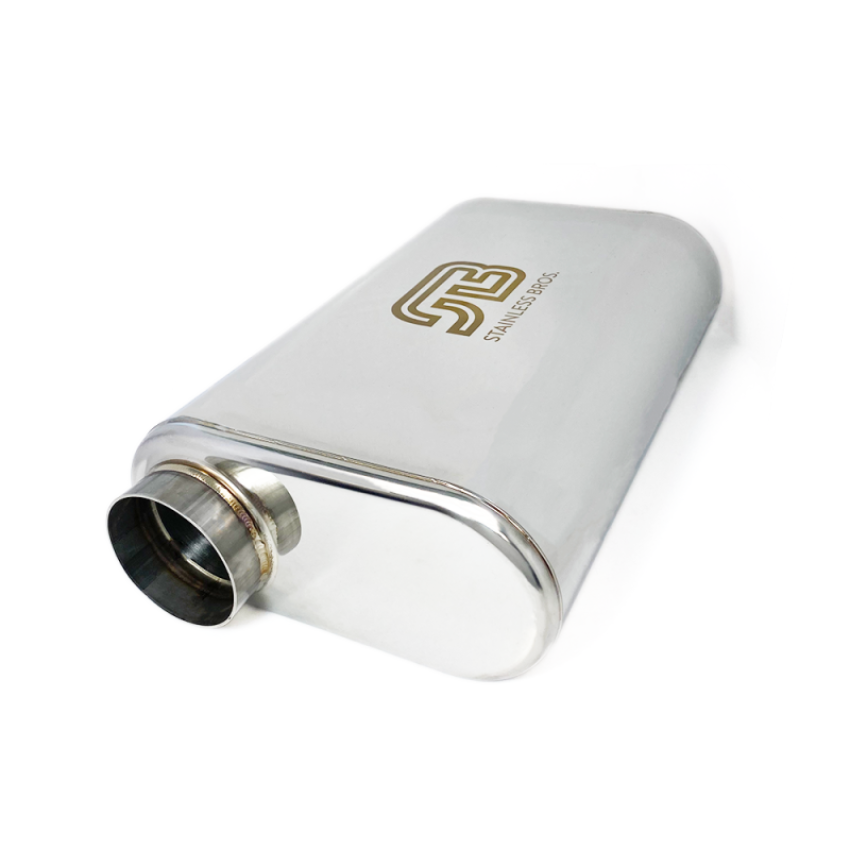 Stainless Bros 616-07623-0230 17in Overall Length 3in Thin Oval SS304 Muffler - 3in Offset In/Offset Out