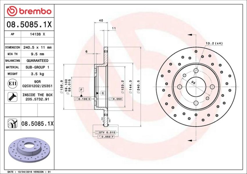 Brembo KTX0087 Brembo ceramic brake pad and Xtra solid drilled brake disc kit