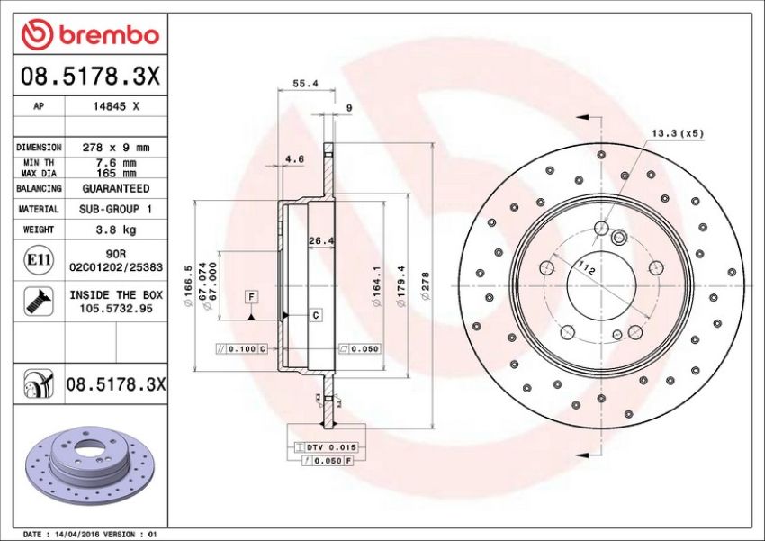 Brembo 08.5178.3X Premium UV Coated Rear Xtra Cross Drilled Brake Rotor
