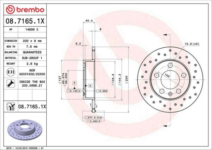Brembo 08.7165.1X Premium UV Coated Rear Xtra Cross Drilled Brake Rotor