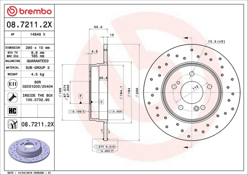 Brembo 08.7211.2X Premium UV Coated Rear Xtra Cross Drilled Brake Rotor