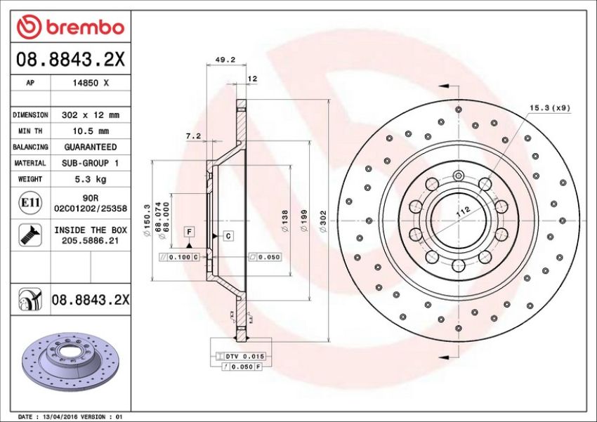 Brembo 08.8843.2X Premium UV Coated Rear Xtra Cross Drilled Brake Rotor