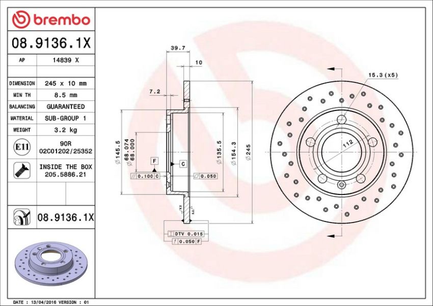 Brembo 08.9136.1X Premium UV Coated Rear Brake Rotor