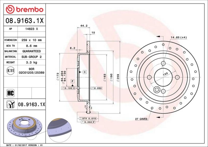Brembo 08.9163.1X Premium UV Coated Rear Xtra Cross Drilled Brake Rotor