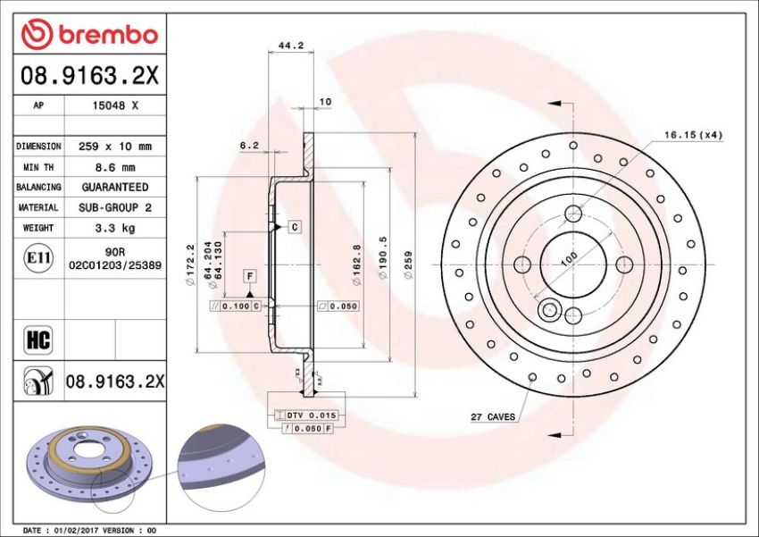 Brembo 08.9163.2X Premium UV Coated Rear Xtra Cross Drilled Brake Rotor