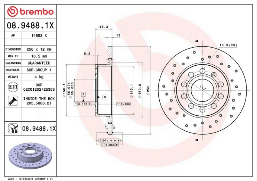 Brembo 08.9488.1X Premium UV Coated Rear Xtra Cross Drilled Brake Rotor