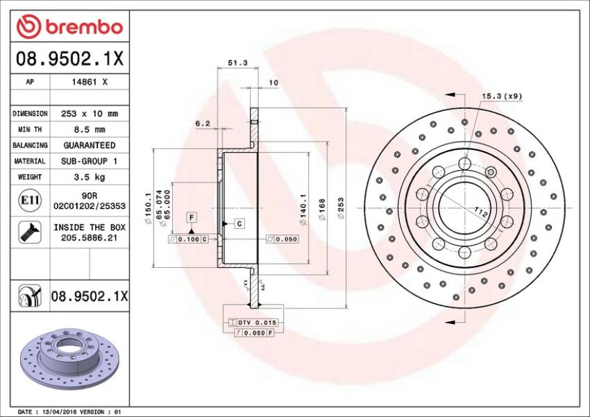 Brembo 08.9502.1X Premium UV Coated Rear Xtra Cross Drilled Brake Rotor