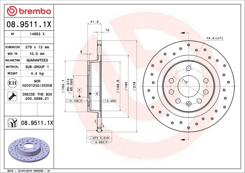 Brembo 08.9511.1X Premium UV Coated Rear Xtra Cross Drilled Brake Rotor