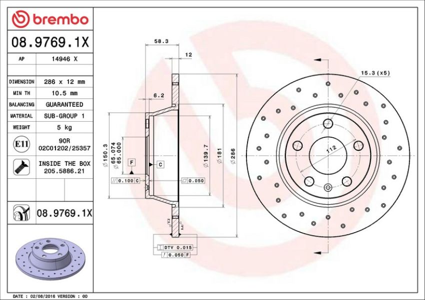 Brembo 08.9769.1X Premium UV Coated Rear Xtra Cross Drilled Brake Rotor