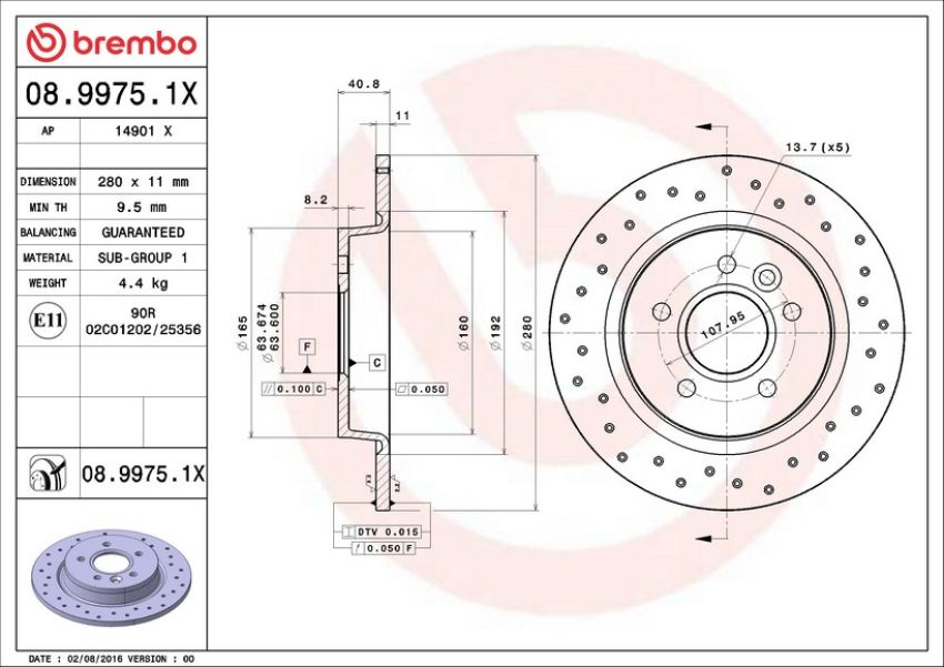 Brembo 08.9975.1X Premium UV Coated Rear Xtra Cross Drilled Brake Rotor
