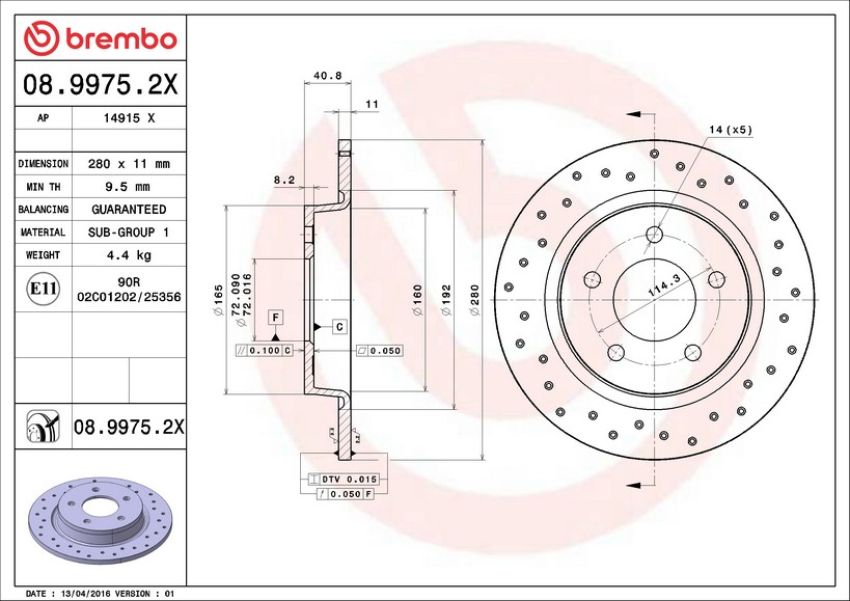 Brembo 08.9975.2X Premium UV Coated Rear Xtra Cross Drilled Brake Rotor