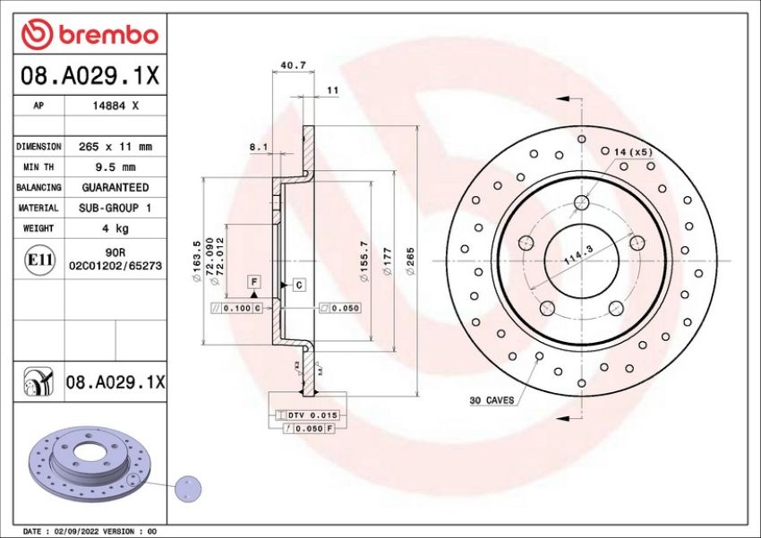 Brembo 08.A029.1X Premium UV Coated Xtra Cross Drilled Brake Rotor