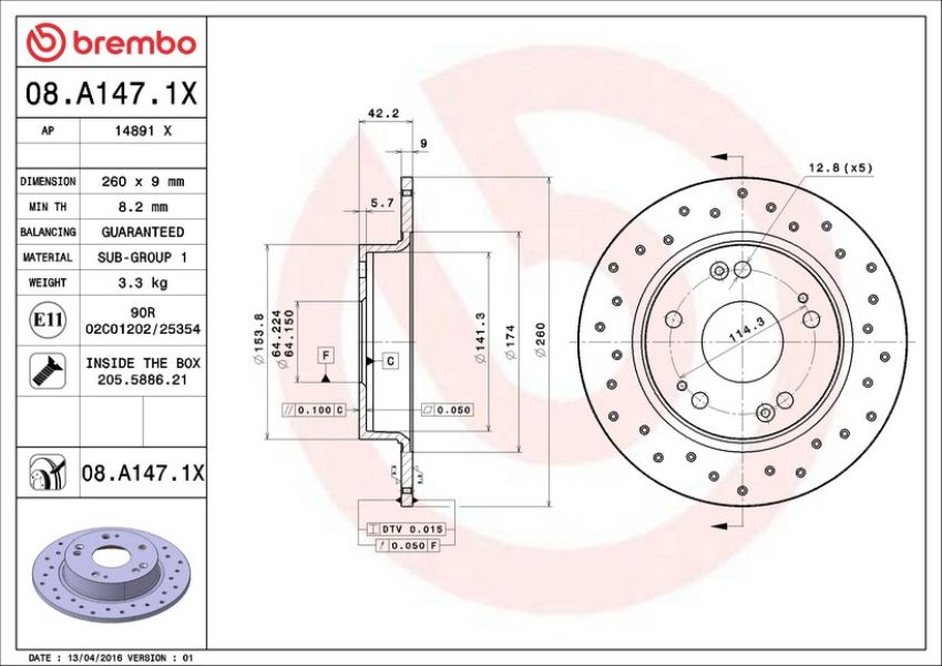 Brembo 08.A147.1X Premium UV Coated Rear Xtra Cross Drilled Brake Rotor