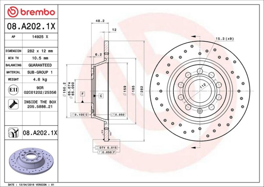 Brembo 08.A202.1X Premium UV Coated Rear Xtra Cross Drilled Brake Rotor