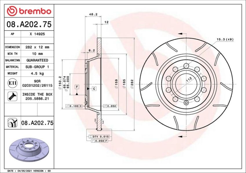 Brembo 08.A202.75 Premium Max Slotted UV Coated Rotor